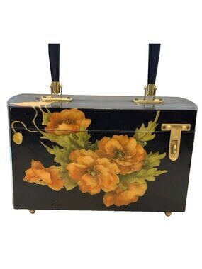 Vintage 1960's Decoupage Hand Painted Wooden Purse Brass Hardware Acrylic Handle